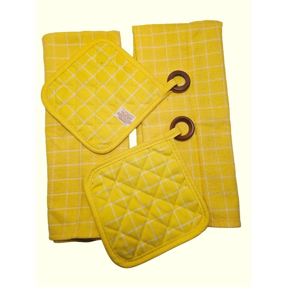 Vintage Cannon Yellow Windowpane Cotton Kitchen Towels and Pot Holders Set‎ 4pc